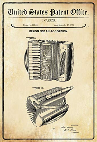 DekoDrom® Blechschild 20 x 30 cm US Patent Akkordeon Instrument Musik historisches Motiv Wand Deko Sammler Geschenk