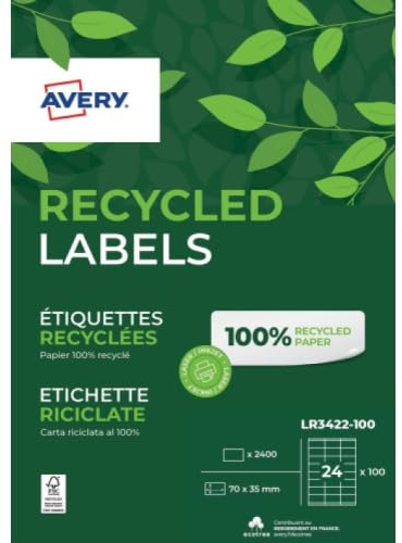 AVERY - Box mit 2400 Etiketten, 100% recycelt, selbstklebend, personalisierbar, bedruckbar, Format 70 x 35 mm, scharfe Ecken, Laser- und Tintenstrahldruck (LR3422-100)
