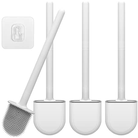 JinChengnan 3 Pack Toilet Brush and Holder, Silicone Flexible Brush Head Toilet Scrubber,Toilet Brush Set with Ventilated Drying Holder Bathroom Accessories Wall Mounted Without Drilling. (Pure white)