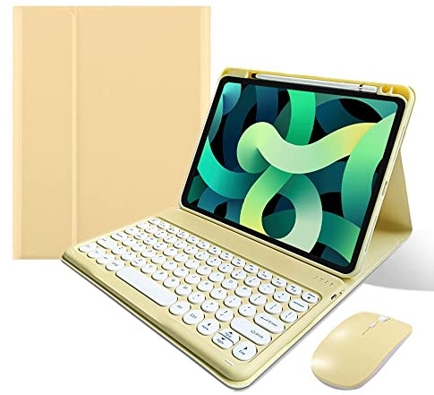 KMXDD Custodia per tastiera e mouse per iPad 9a 8a 7a generazione 10,2, iPad Pro 10,5/iPad Air 3a generazione con tastiera rotonda rimovibile e mouse (giallo)