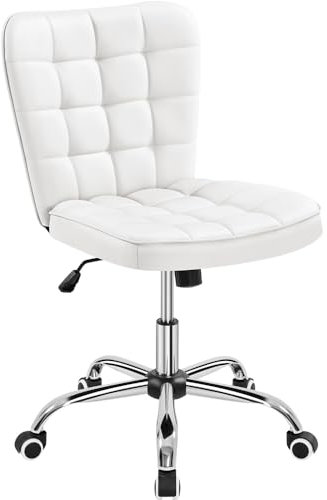 Yaheetech Silla de Oficina sin Reposabrazo Silla Oficina Tapizada de Cuero PU Silla con Ruedas Silla Ergonomica Base Metal Blanca