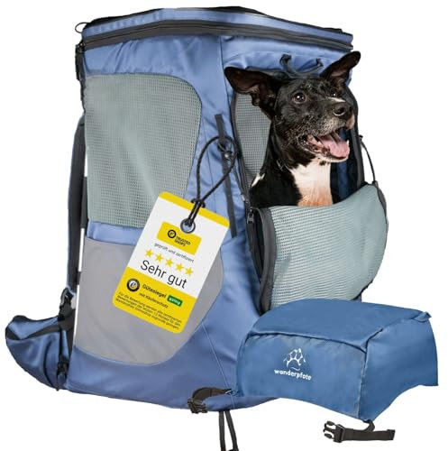 Wanderpfote Hunderucksack bis 12kg - Modell Daypack, Größe M, Blau - Premium Rucksack für kleine bis mittelgroße Hunde mit Höhenverstellbarem Tragesystem und viel Raum für den Hund