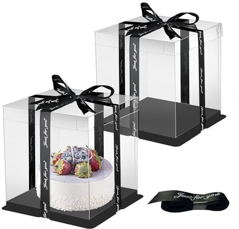 HYRYC Cake Boxes Tortenbox Durchsichtige Geschenkbox 21 * 21 * 24cm Tortenschachtel Transportbox Torte Geschenkbox Durchsichtig Wiederverwendbar mit Band für Geburtstag Dessert 2Stk (Schwarz 6 Zoll)