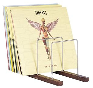 Decibelvibe Soporte para almacenamiento de discos de vinilo y tocadiscos, exhibición de acero inoxidable y madera de nogal maciza, diseño premium, hasta 75 discos de vinilo, para sala de estar o