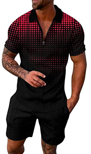 Trainingsanzug Herren Jogginganzug Einfarbig 2 Teiler Sportanzug Kurzarm Tshirt Poloshirt und Shorts Sport Set Zweiteiler T-Shirt Polohemd + Kurze Hose Outfit Männer Sommer Freizeitanzug