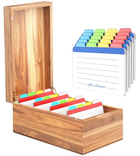 Neando 4’’x6’’ Index Card Holder, Acacia Index Card Box, Index Card Organizer Case, Wood Recipe Box with Dividers, 4 Compartments for 600 Cards, File Note Flash Card Holders