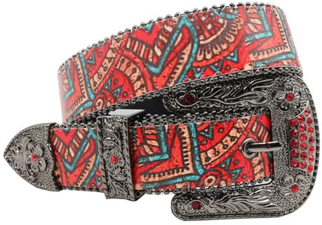 AGUTALITHIC Western Leder Gürtel Für Herren Damen Abstrakter Buntes Graffiti Drucken Cowboy Nietengürtel Graviert Blume Strass Schnalle Taillegürtel(105cm/41, Graffiti)