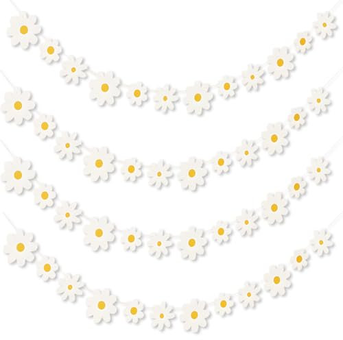 4 Packs Gänseblümchen Banner, Gänseblümchen Deko Banner, Weiße Blumen Banner, Blumen Deko Geburtstag Banner, Gänseblümchen Girlande für Mädchen Raumdekoration Kindergeburtstage Party Hochzeit