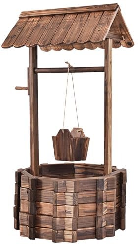 SOARS Fontaine Exterieure de Jardin 56 X 56 X 114 CM, Puit Decoration Jardin en Bois de Sapin avec Toit pour l'Extérieur, Seau Réglable en Hauteur, pour Cour, Pelouse