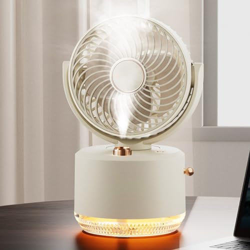 ToeWoe Ventilador Nebulizador con Depósito de 300 Ml Hogar 3 Velocidades Ventilador de Mesa Recargable Inclinación Ajustable 90 Grados Ventilador Portátil con Luz LED(Weiß)