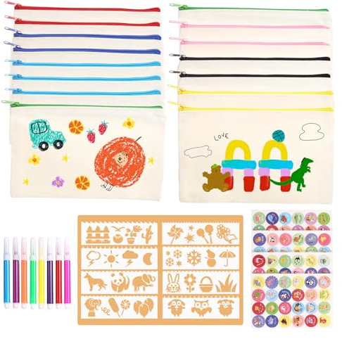 LEMESO 15 Stück DIY Blanko Stoffbeutel Federmäppchen Stoffbeutel zum Bemalen Reißverschluss Geldbörsen Blanko mit Tieraufklebern, 8 Buntstift, 8 Schablonen malen Geschenk für Schulkind Geburtstag