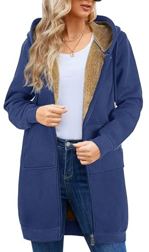 Nadeer Felpe Cappotto Donna Plain Sherpa Peluche Zip Up Medio-Lungo Casual Caldo Pile Coulisse Donna Felpa con Cappuccio Inverno Manica Lunga Giacca con Tasche Outwear(Blu,L)