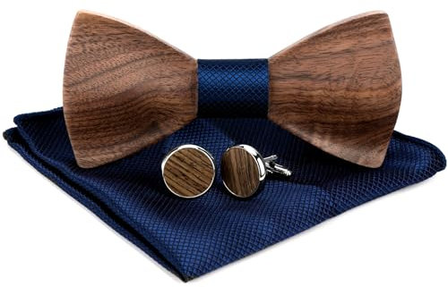 Holzfliege Herren,Walnussholz Fliege mit Manschettenknöpfe Herren und Einstecktuch Sets, Fliege Herren - Manschettenknöpfe Holzfliege,Fliege Blau Einstecktuch Manchettenknoepfe Herren Fliegen(Blau)