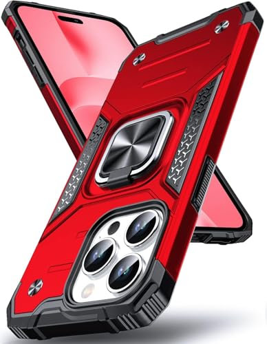 Pritify Armour Case for Iphone 14 Pro Max with Kickstand & Raised Camera Military Grade Protective Phone Back Case Cover Enhanced Metal Ring supports Magnetic Car Mount Holder | Red