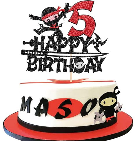 1 Pack Ninja Happy 5th Birthday Cake Topper - Black Glitter Five Years Old Cake Pick - Martial Arts Kung Fu Warriors Decoration for Ninja Theme Fifth Party Supplies