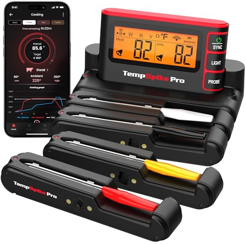 TempSpike Termometro per carne digitale senza fili con app, Wifi e Bluetooth, termometro per barbecue ad alta precisione, sonde impermeabili e resistenti al calore, base ricaricabile