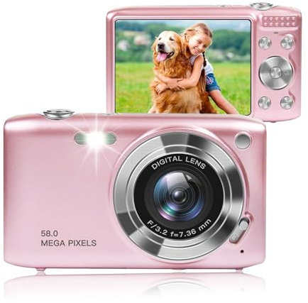 Digital Camera, 4K 58MP Full HD 16X Zoom Fixed Focal Macro Timed Photography Digital Video Camera, Portable Compact Digital Camera for Teens Adult Beginner(Gold and Pink) (Pink)
