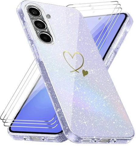 Handyhülle Kompatibel mit Samsung Galaxy A36/ Samsung Galaxy A56 4G / 5G mit 3 Stücke Schutzfolie, Weich TPU Anti-Fingerabdruck Hülle, Glitzer und Absturzsicherung Schutzhülle (Transparent)