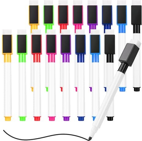 JEFURE Whiteboard Marker 16 Stück, Whiteboard Stifte Magnetisch in 8 Farben, Bunte Folienstift Abwischbar mit radierer, Abwischbare Stifte mit feiner Spitze für Zuhause, Schule, Büro