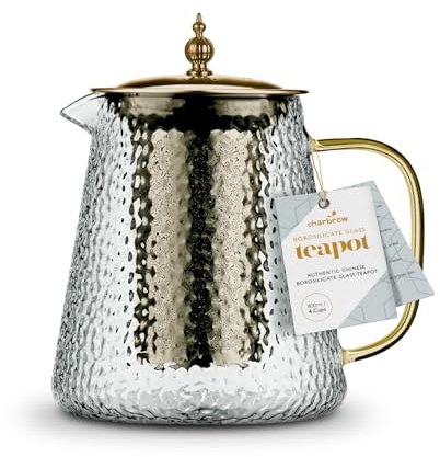 Charbrew 900ml Glass Teapot with Infuser - Gold Hammered Design, Borosilicate Clear Glass - for Loose Leaf Tea, Teabags & Blooming Tea - Serves 4 Cups