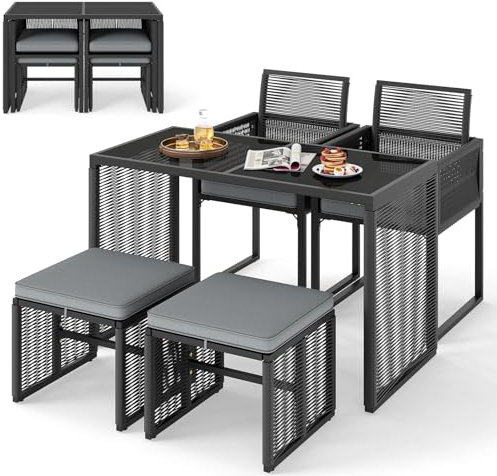 LIFEZEAL Rattan Gartenmöbel Set, Balkonmöbel inkl. Esstisch mit 2 Sofas & Hockern, 5 TLG. Terrassenmöbel mit abnehmbaren Kissen, Sitzgruppe für Garten, Balkon, Terrasse