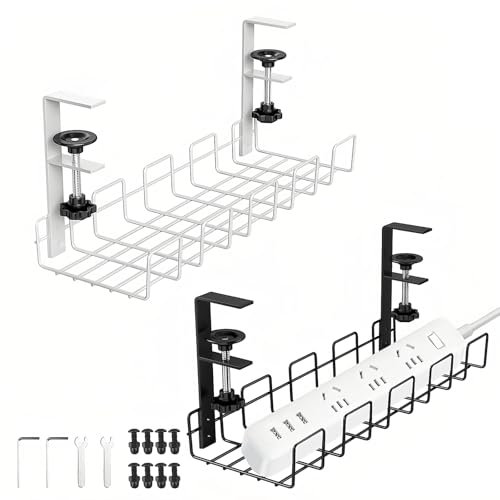 WJUAN Lot de 2 Cable Management Bureau – Rangement Câble sous Bureau sans Perçage – Support Multiprise et Cache Câble avec Passe-Câble – Organisateur de Câble pour Bureau, Gaming, Home Office