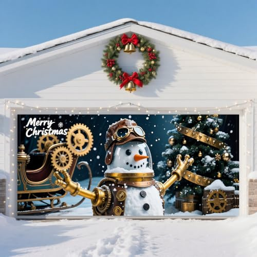 GUASDIE Christmas Garage Door Banner - Merry Christmas Decorations Door Cover with Fun Santa & Winter Snowman for Indoor/Outdoor Xmas New Year Photo Moments,Mechanical Snowman 7 x 16 ft