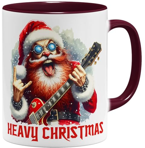 OM3® Heavy Christmas Kaffee-Tasse Lustige Weihnachtstasse für Rocker & Heavy Metal Fans - Santa mit Teufelsgruß - Keramik Becher - 325ml - Beidseitig Bedruckt - Bordeaux