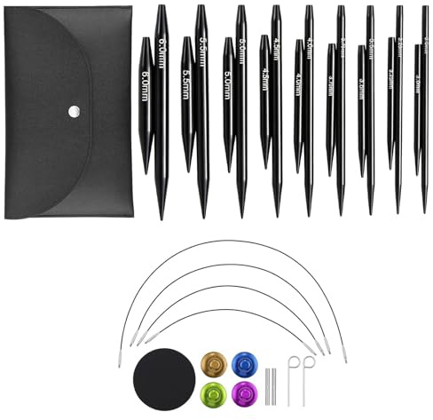 Rundstricknadeln Set, Austauschbar, Aluminium, 3–6 mm, Kurz | 9 Paar Nadelspitzen, 4 Kabel 19–40 cm und Zubehör für Socken, Handschuhe und Mützen, kompakt für Zuhause und unterwegs