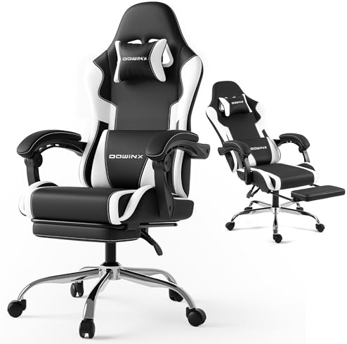Dowinx Gaming Chair with Footrest, Ergonomic Gaming Computer Chairs 180kg with Headrest Pillow Gaming Chair for Adults, Office, Home, Streaming and Long Gaming Sessions, White