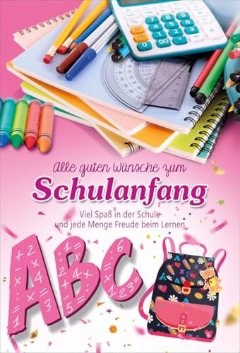 Einschulungskarte für Kinder - Kinder - Bunte Schulsachen mit Rucksack und ABC in fröhlichem Design - Klappkarte mit Umschlag Karte Einschulung für Eltern