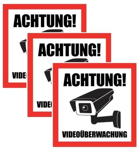 Print&Bind Center 3x ACHTUNG! Videoüberwachung Aufkleber 10,5x10,5cm Hinweisschild Warnaufkleber Kamera