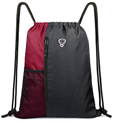 Sport-Rucksack mit Kordelzug für Damen, Herren, Kinder, große Größe, mit Reißverschluss und Netztaschen für Wasserflaschen, Damen, schwarz/red, 16 x 20