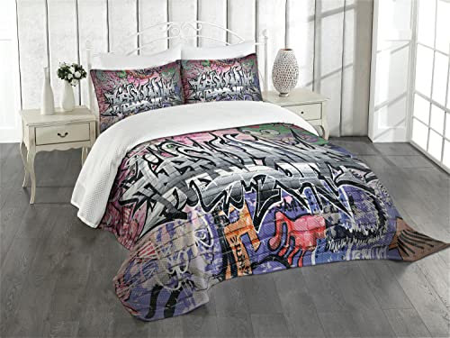 ABAKUHAUS Mur de Briques Couvre-lit Matelassé, Graffiti Grunge Wall Art, Décoratif 3 Pièces avec 2 Taies d'Oreillers, Queen, Gris Rose