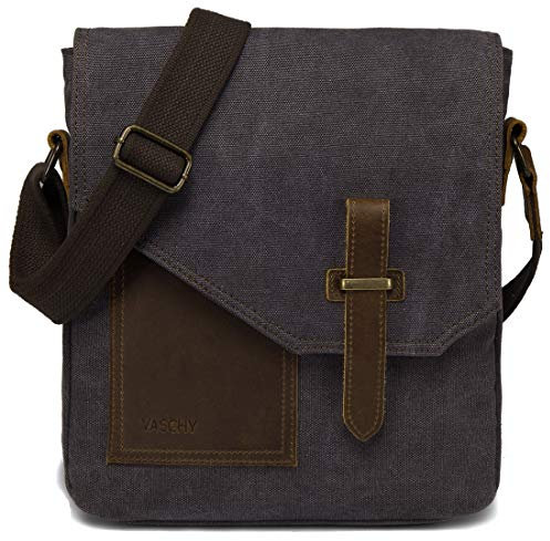 VASCHY Klein Umhängetasche Herren, Vintage Leinwand Herrentasche Echtes Leder Schultertasche Klassische Kuriertasche Crossbody für Arbeit, Schule, Alltag Dunkelgrau