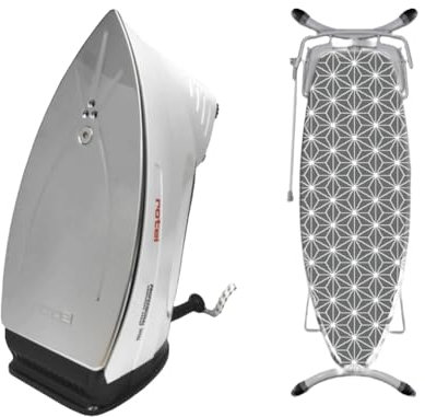 Rotel Plancha de vapor profesional extra stainless steel original con base de acero inoxidable de alta calidad, incluye funda para tabla de planchar con elegantes círculos, 800 W