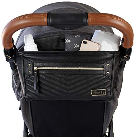 Itzy Ritzy Verstellbarer Kinderwagen-Organizer mit integrierten Taschen, Reißverschlusstasche und Gurten, passend für jeden Kinderwagen, Schwarz mit goldfarbenen Beschlägen