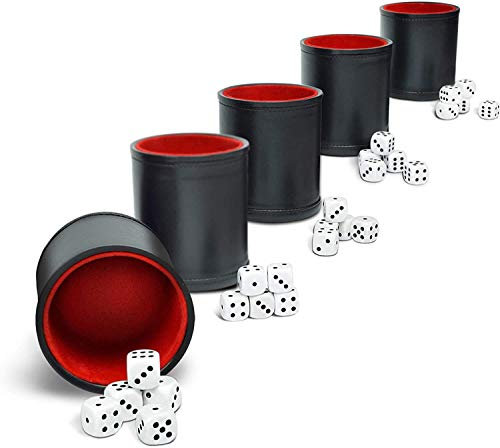 Ensemble de gobelets à dés – Cinq gobelets Shaker Noirs doublés de Feutre Rouge – Cuir PU de qualité – Comprend 25 dés Blancs à Six Faces – Shaker à dés Silencieux pour Le Jeu de dés péruvien Perudo