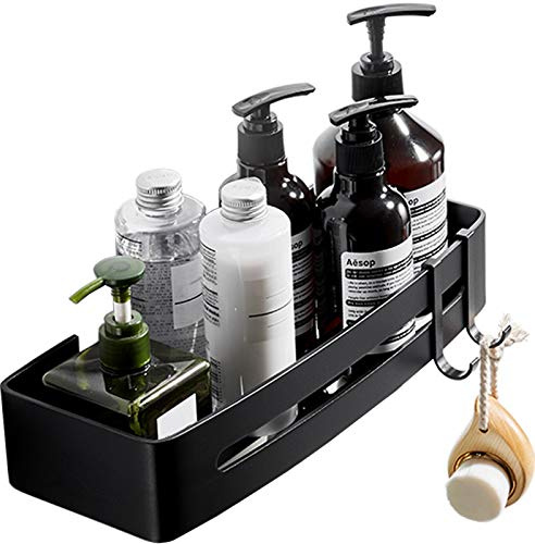 Shower Shelf No Drilling Shower Shelf Bathroom Shower Caddy Shower Basket for Bathroom, Rustproof Aluminium with 2 Hooks, Black, 32 x 13 cm