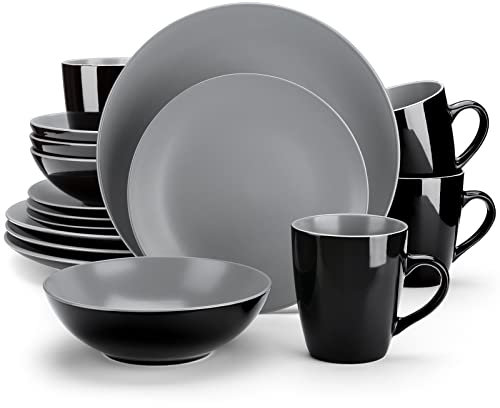 vancasso serie Lento Vajilla de Cerámica Juego de Vajilla de 16pcs Vajillas Completas Modernas para 12 Personas, Plato Llano, Plato de Postre, Cuenco y Taza, Redonda Mate Gris Claro