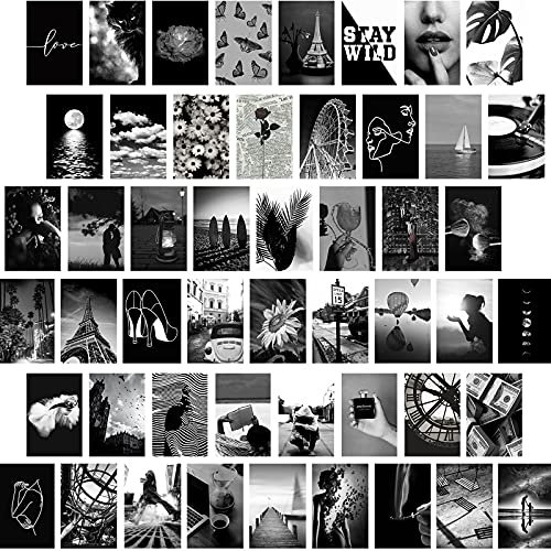 WandCollagenSet, schwarz und weiß, ästhetische Bilder, 50 Stück, 10,2 x 15,2 cm, BildcollageSet für die Wand, ästhetisches Schlafzimmer, Schlafzimmer, Schlafzimmer, Schlafzimmer, Wanddekoration,