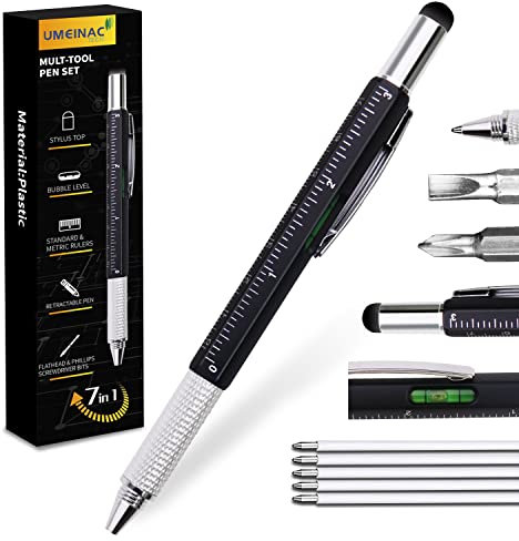 UMEINAC Multitool Pen, 7 in 1 Multitool Tech Tool Pen for Men, Construction Tools Gadget Stocking Stuffers Gifts for Dad Husband Father - Black