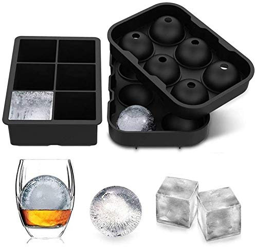 Jisile Lot de 2 Grands bacs à Glaçons en Silicone avec Couvercle, 1 bac à Glaçons Carré et 1 Moule à Boule de Glace pour Cocktail, Mojito, Whisky, Nourriture pour bébé, Sans BPA, Reutilisable