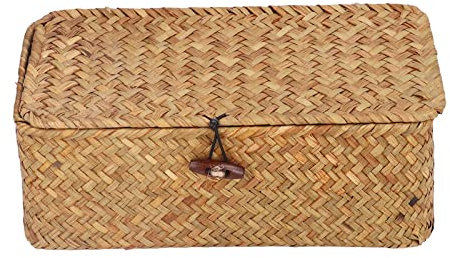 Rattan-Korb Seegras-Aufbewahrungskorb Körbe Behälter Aufbewahrungsbehälter mit Deckel mit Deckel Rechteckiger Geflochtener Aufbewahrungskorb mit Großer Kapazität für Kleidung Obst[L]