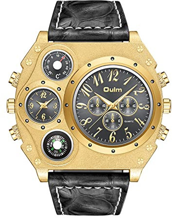 JewelryWe Herren Armbanduhr Analog Quarz Kompass Thermometer Zwei Zeitzonen Sport Uhr mit Leder Armband und großem Schwarz Digital Zifferblatt, Gold Gehäuse