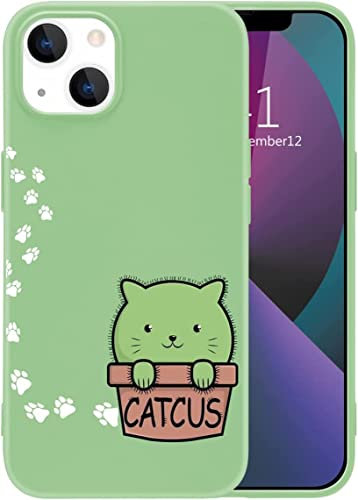 MAYCARI Case Green for iPhone 13 mini, Cute Cartoon Cat Cactus Full Protective Liquid Silicone Soft TPU Rubber Protective Phone Cover with Soft Microfiber Lining for iPhone 13 mini(Men&Women)