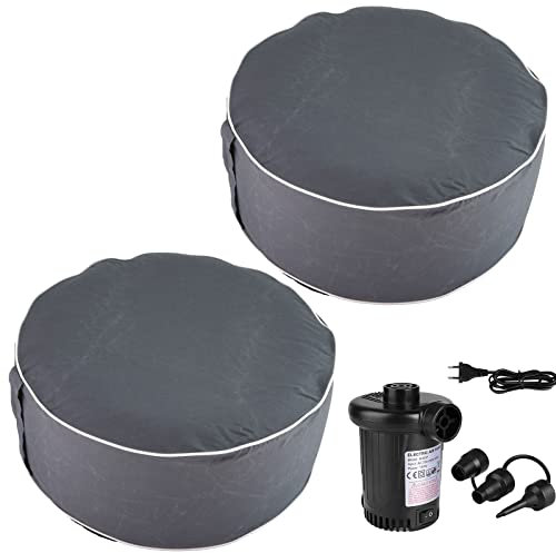 HAC24 2er Set Aufblasbarer Pouf Sitzhocker Outdoor Sitzpouf 54 x 26 cm Polyester Sitzsack Grau Sitzkissen Fußhocker Inkl. Elektrische Luftpumpe mit 3 Ventil-Aufsätze