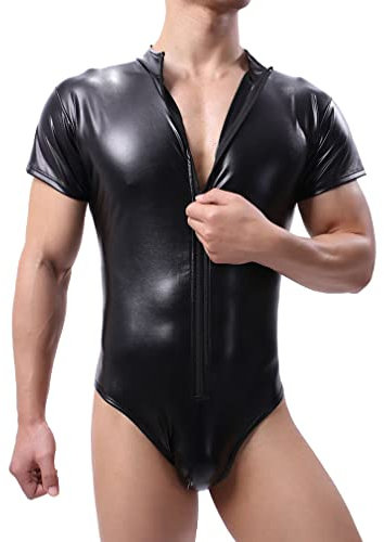 Herren PVC Body Sexy Männer Lack Leder Overall Latex Wetlook Catsuit Jumpsuit Einteilige Lackleder Bodysuit Lack-Optik Unterhemd Clubwear Stringbody Nachtclub mit Reißverschluss (XXL,Schwarz)