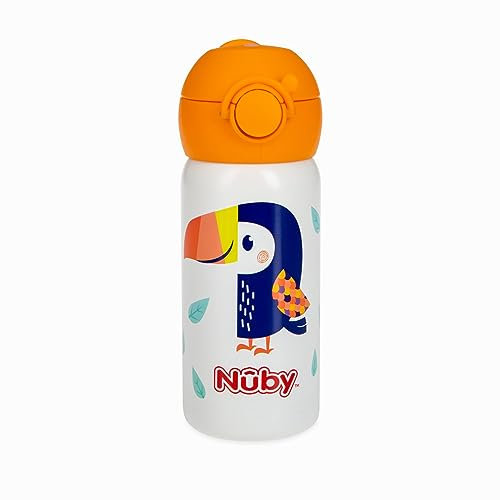 Nuby Thirsty Kids No Spill Flip-It Active Stainless Steel Travel Cup or Water Bottle - 14 Oz - 18+ Months - White Toucan - Back to School Essentials