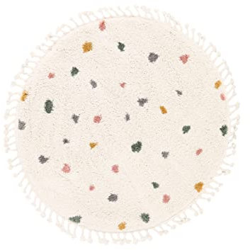 RugVista, Confetti, Kinderzimmer Teppich, ∅ 150 cm, Kinderteppich für Kinder, Spielteppich für Babys, Shaggy handwebstuhl, Maschinell hergestellt, Hochflor, Keine schädlichen Stoffe, Off-Weiß